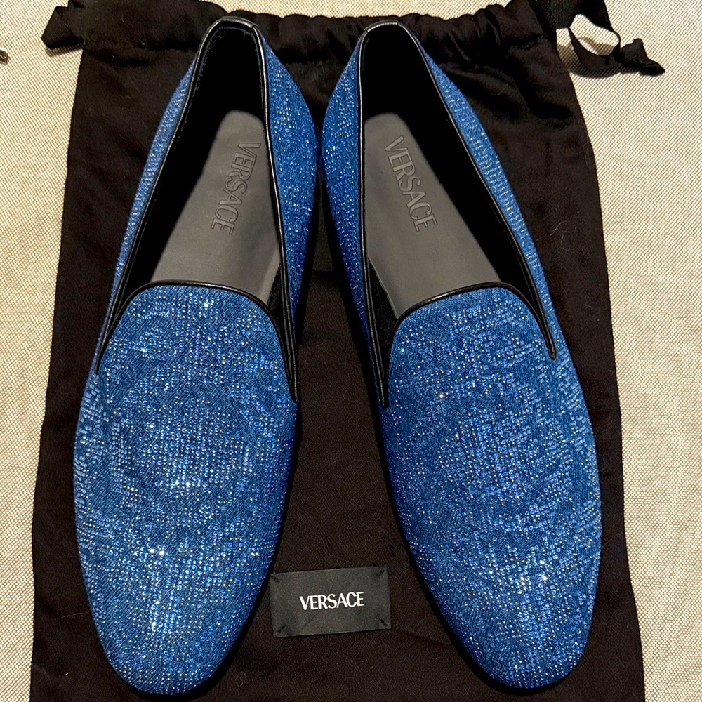 Versace Men's Crystal-embellished Denim Slip-On Smoking Slippers 44